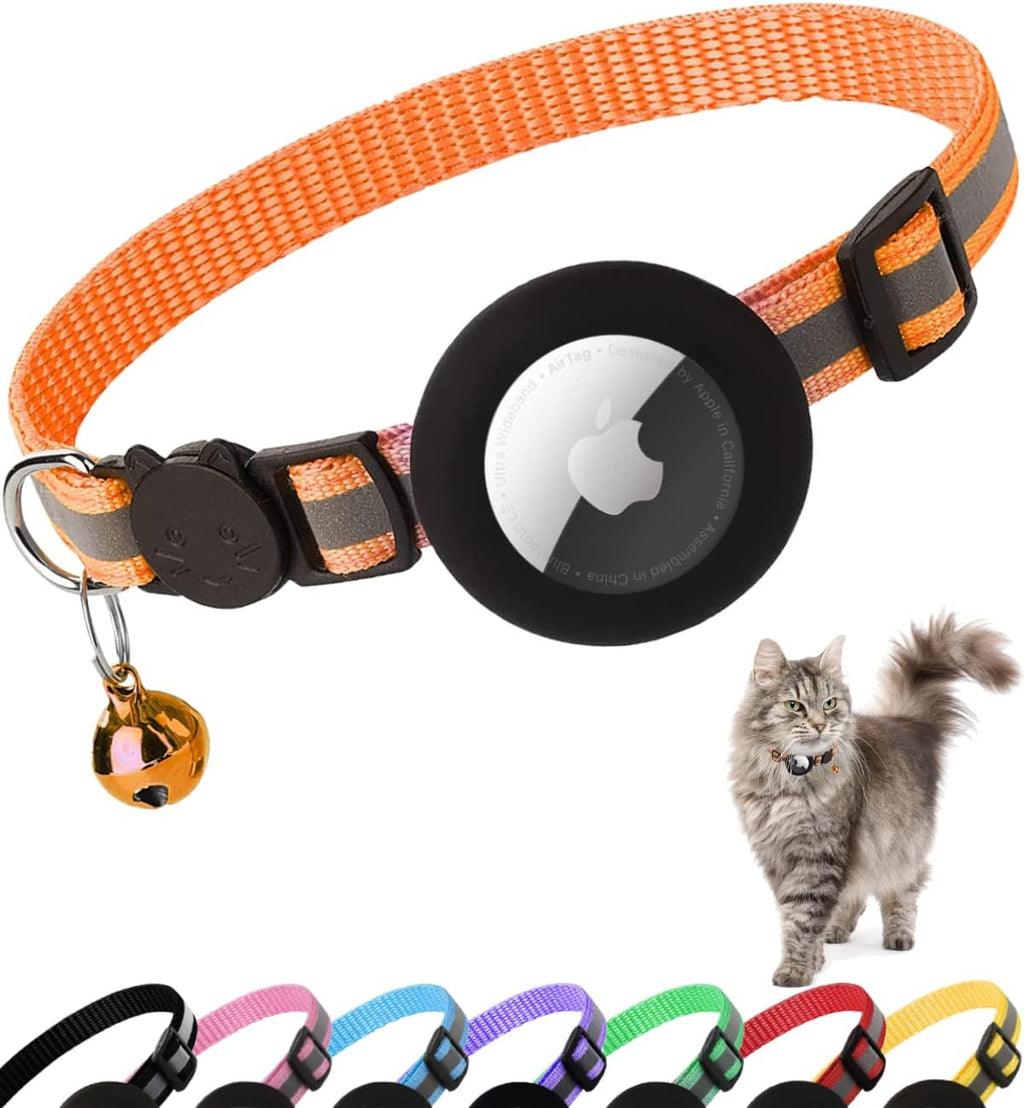Orange airtag cat collar with reflective strip