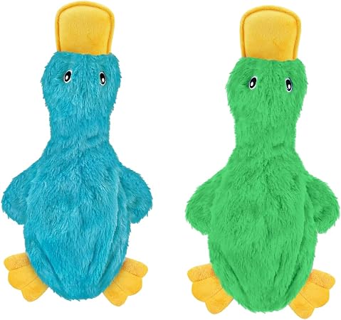 Crinkle duck squeaky dog toy, light green and turquoise
