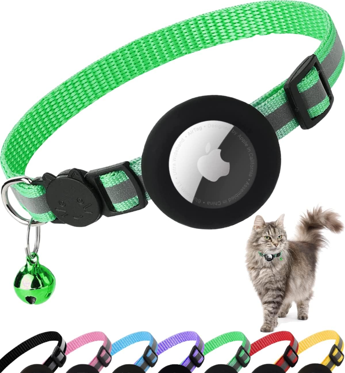 Yellow airtag cat collar with reflective strip