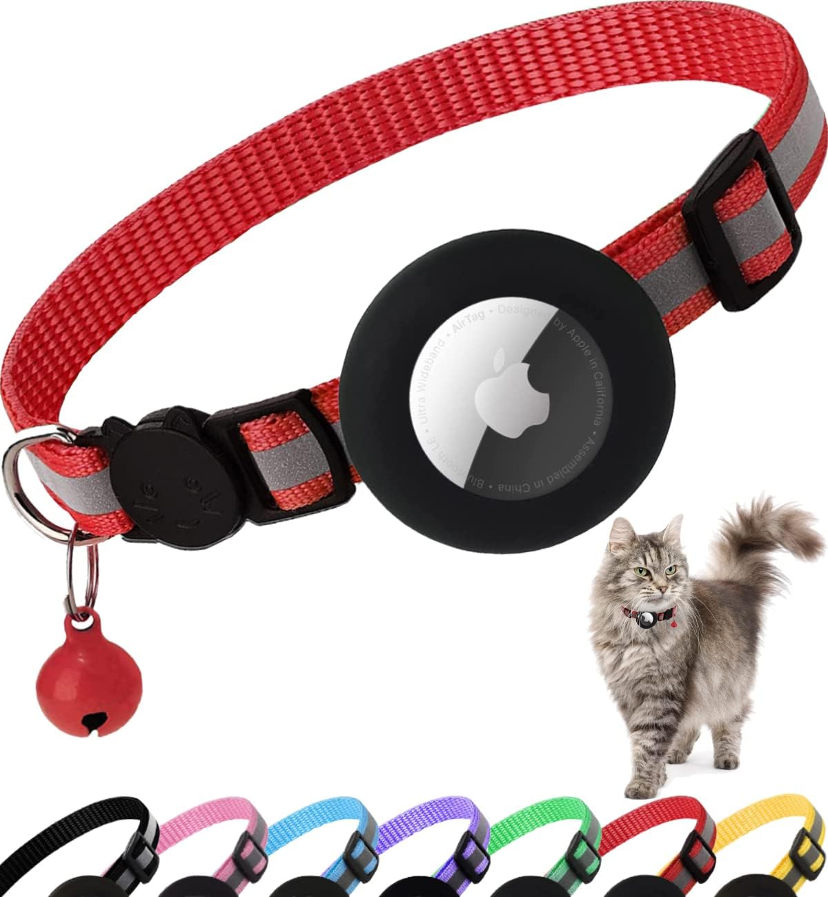 Blue airtag cat collar with reflective strip