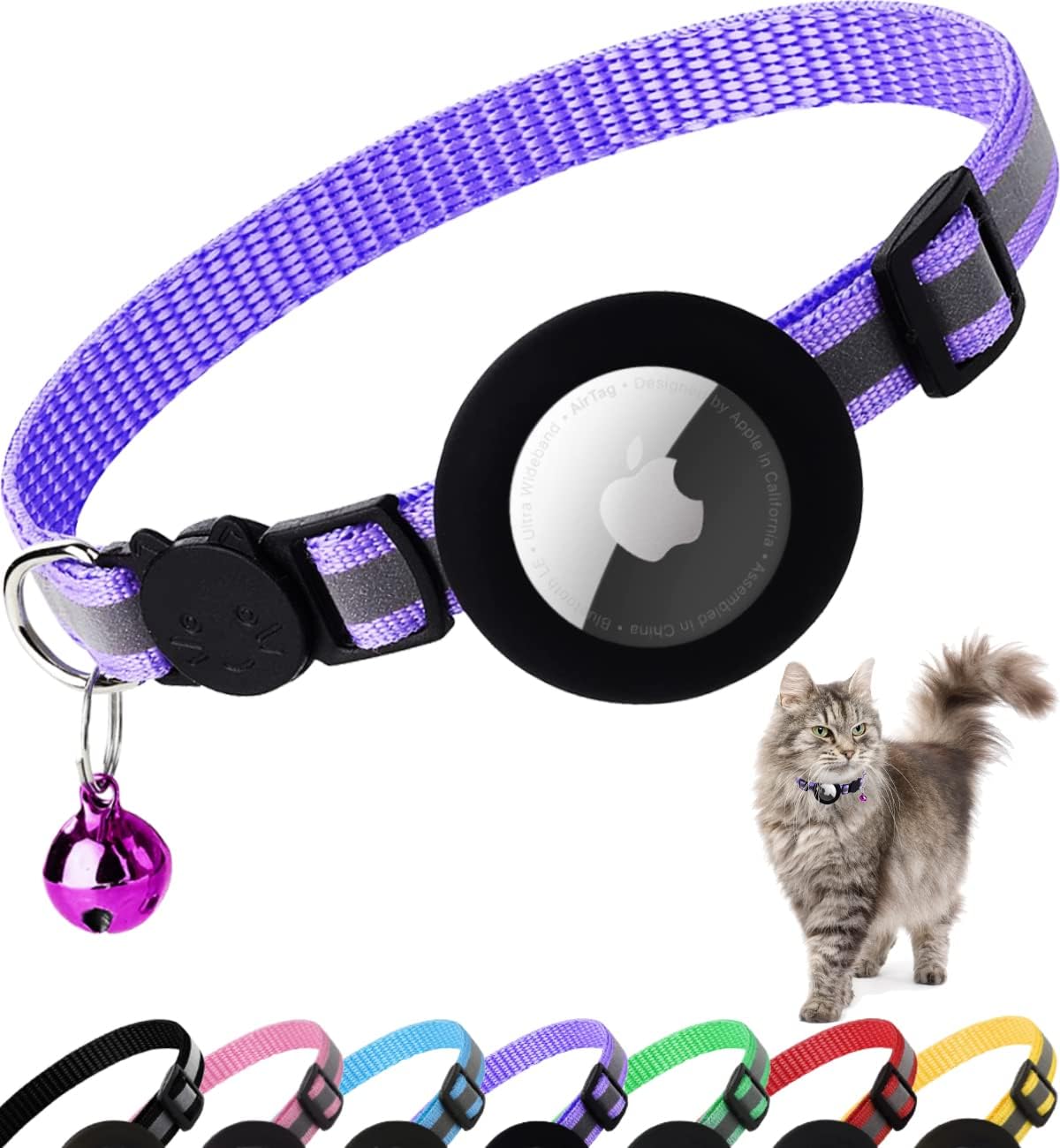 Black airtag cat collar with reflective strip
