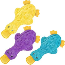 Crinkle duck squeaky dog toy, yellow purple and turquoise