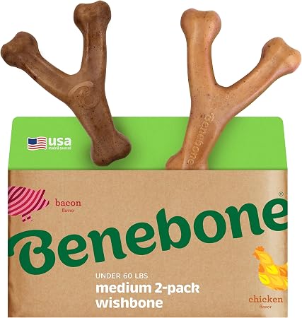Benebone Wishbone dog chew toy two pack, real bacon and chicken flavor, medium