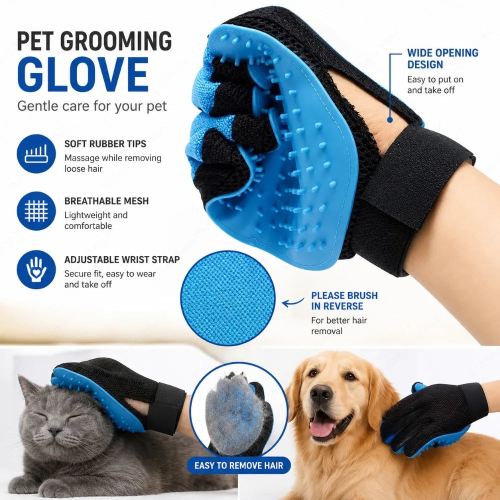 Silicone grooming glove tips removing pet loose hair