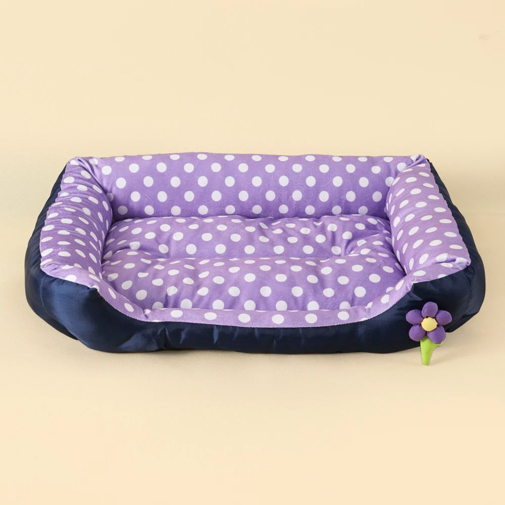 Soft square dog bed sofa in purple dot pattern