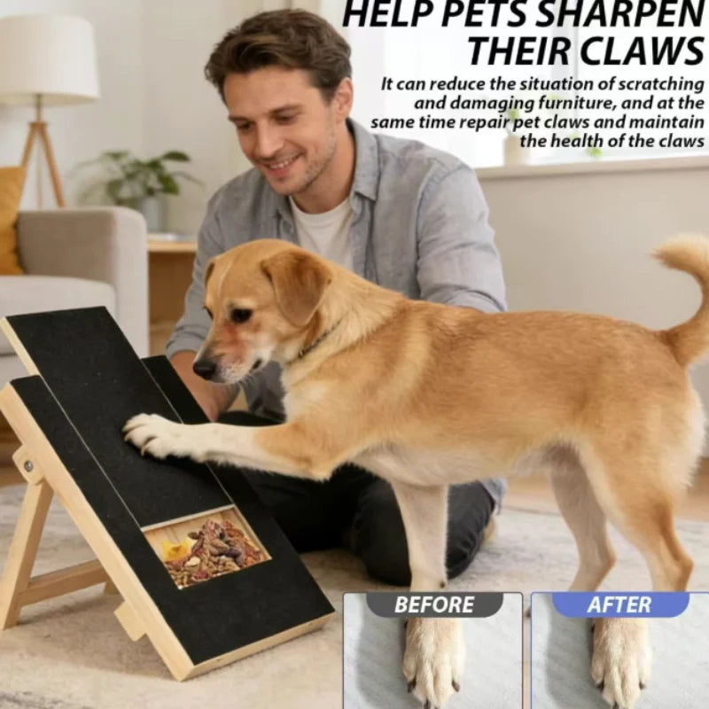 Pull out treat box on wooden dog nail scratch board