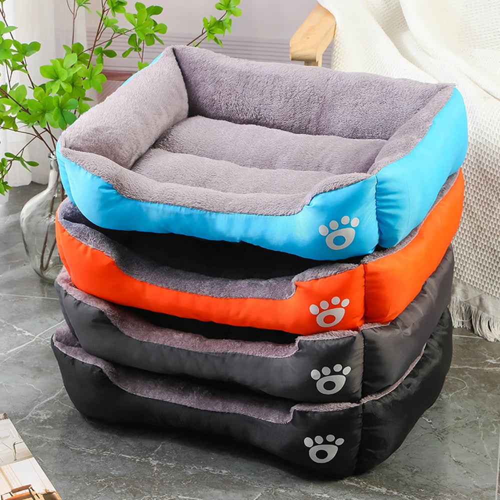 Dog resting on soft square dog bed