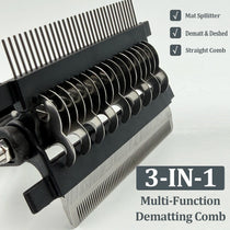 Close up of stainless steel teeth on grooming brush