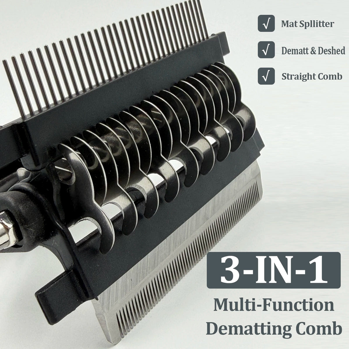 Close up of stainless steel teeth on grooming brush