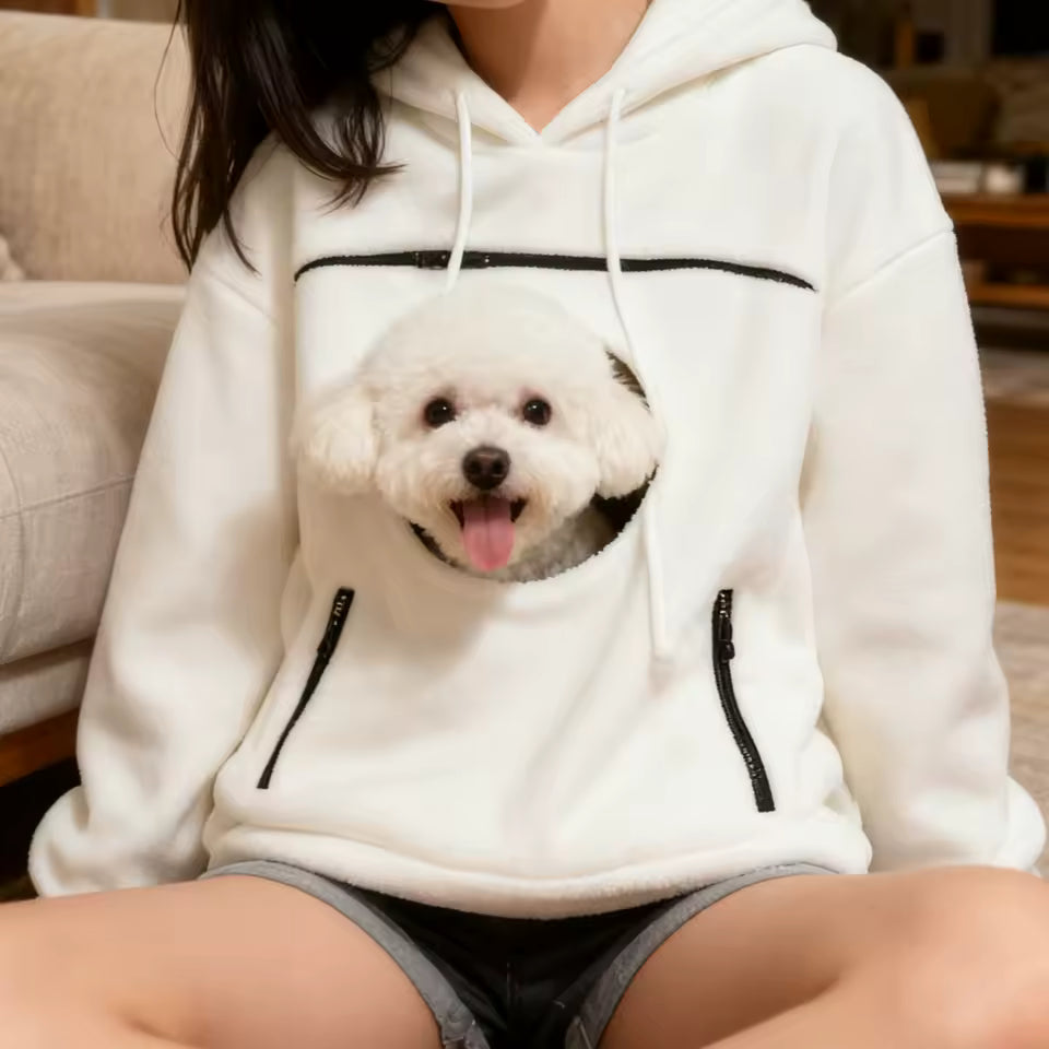 Chihuahua wearing bouclé pet hoodie carrier