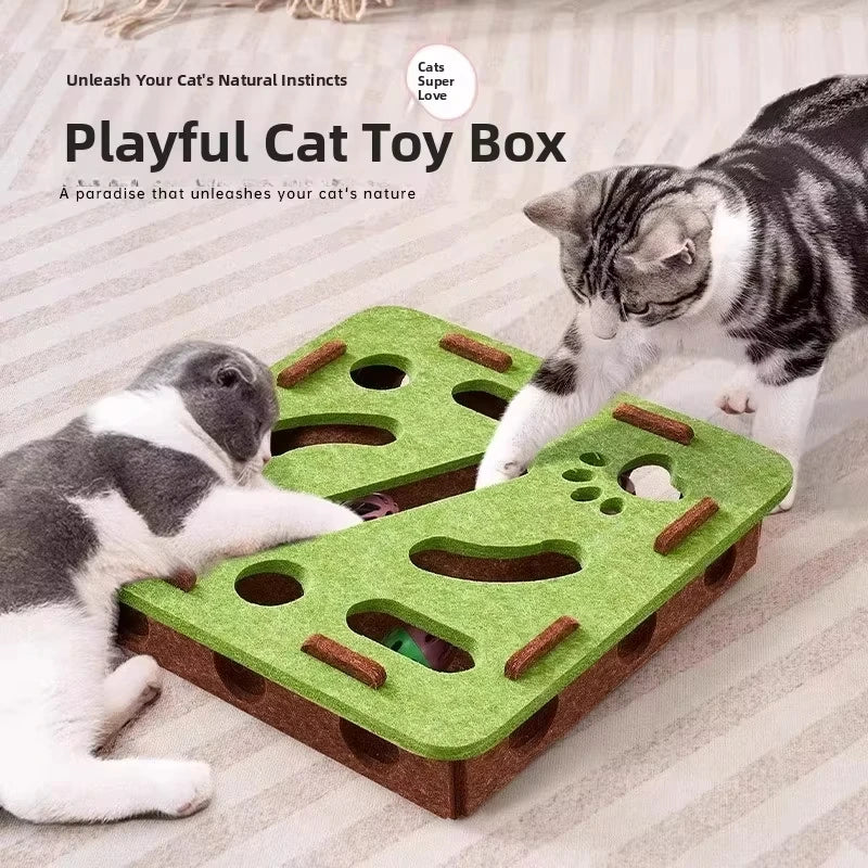 Felt cat puzzle box toy with hunting ball