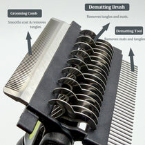 Pet grooming brush removing loose fur and knots
