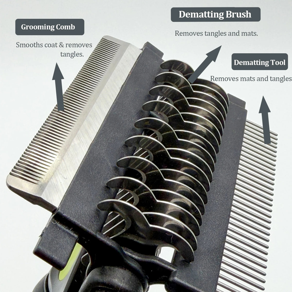 Pet grooming brush removing loose fur and knots