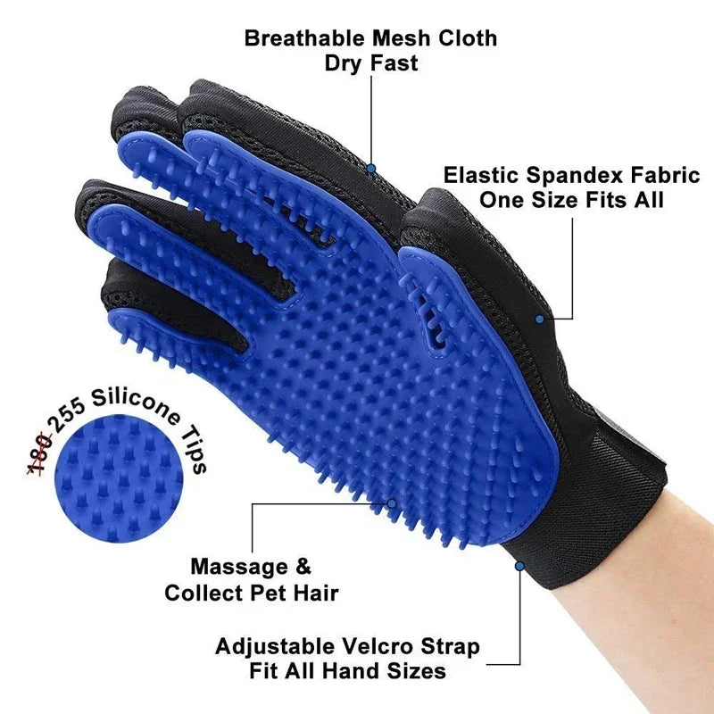 Cat being groomed with silicone hair remover glove