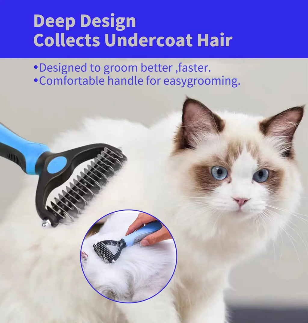Cat being brushed with deshedding comb